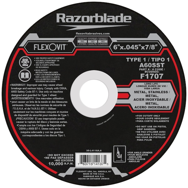 Flexovit Razorblade Long Life Cut-Off Wheel, 6 in Dia x 0.045 in THK, 7/8 in Center Hole, 60 Grit, Aluminum O F1707 - main